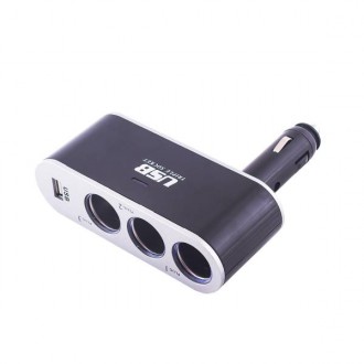 Разветвитель прикуривателя 3 гнезда + USB SKYWAY Черный предохранитель 5А, USB 2A