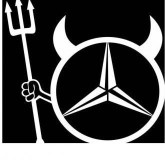 Наклейка логотип вырез. (плоттер) "Mercedes" (160x180) с рожками и трезубцем, цвет белый (уп. 1 шт.)
