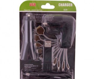 Зарядное устройство телефона 12V/220V USB 1А 10 перех. (miniUSB/microUSB/для iPhone 4) KS-001 Черный